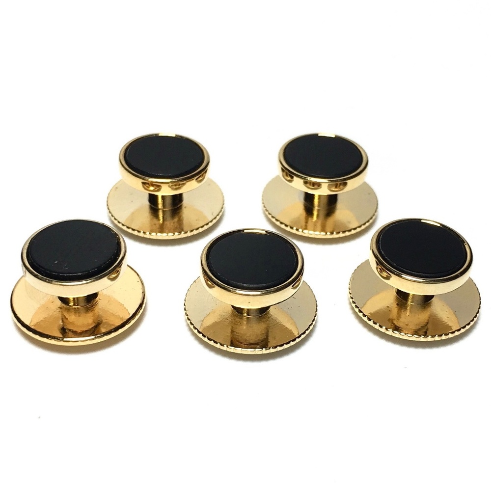 5 Gold and Onyx Tuxedo Shirt Studs with Screw Back